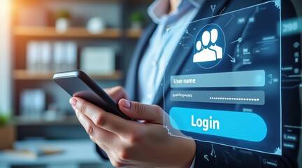 Person using smartphone with digital login screen and user profile interface