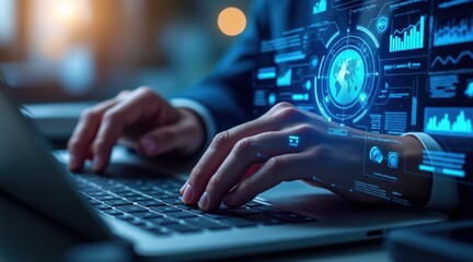 Hands typing on a laptop with futuristic digital interface and data charts