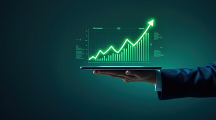 Hand holding tablet displaying a glowing green financial growth chart with upward trend