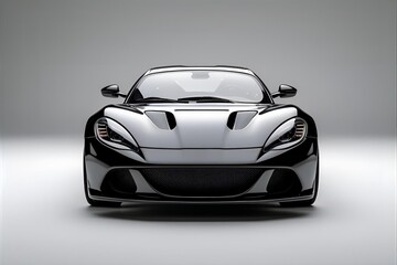 Front view of a black sports car toy, detailed and glossy, placed on an empty white background, studio lighting, high resolution