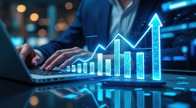 Businessman analyzing financial growth chart on laptop with futuristic blue digital interface