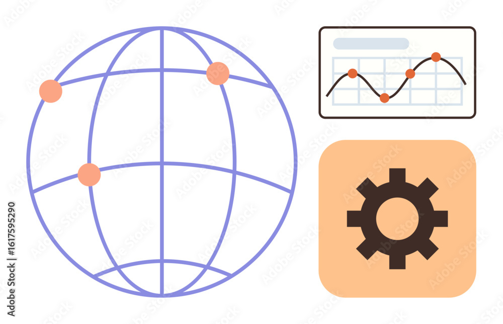 Poster globe with network points, data chart with rising trendline, and gear icon showcasing processes. ide