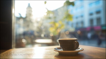 A steaming cup of coffee on a cafe table, warmed by morning sunlight.