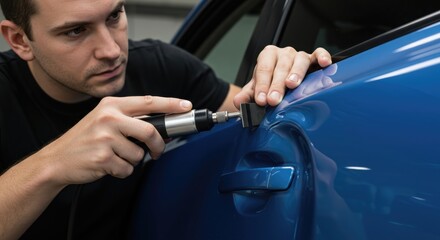 Auto mechanic using paintless dent repair tool on blue car door