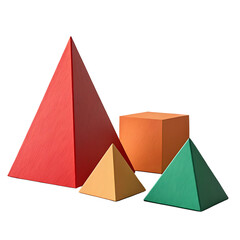 Collection of colorful geometric shapes including pyramids and a cube isolated on transparent background