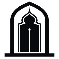 Black and White Illustration of an Arched Islamic Window with Geometric Design Elements