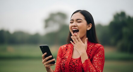 Indonesian woman excited on smartphone