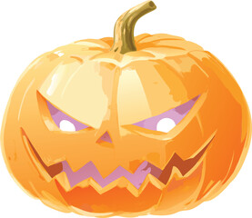 Scary jack o lantern halloween pumpkin with glowing purple eyes and jagged mouth