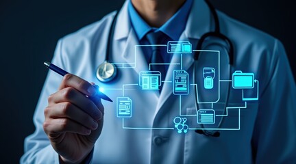 Doctor interacting with futuristic medical technology interface hologram