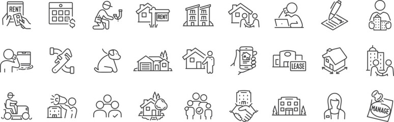 Real Estate and Building Icon Set – House, Property, Home, Apartment, Architecture, Construction, Estate Agency, Building, Office, Rent, Purchase, Mortgage, Housing Market, Investment, Realtor, Loan, 