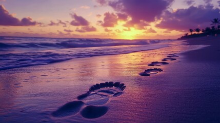 barefoot prints disappearing into ocean waves, vibrant sunset with layered purple orange and pink clouds, silky water surface reflecting dramatic sky colors, wet sand capturing golden hour light,