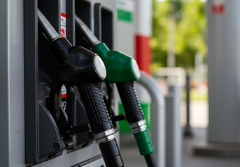 The tools of transportation: black and green fuel nozzles at a gas station.

