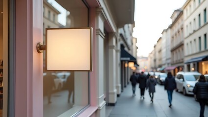 Blank store sign mockup template on city street for business branding