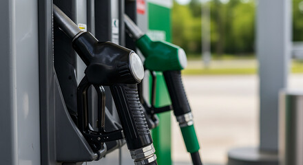 Close-up of an energy pump with a black and a green fueling nozzle.

