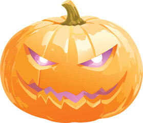 Spooky jack o lantern with glowing purple eyes and jagged mouth