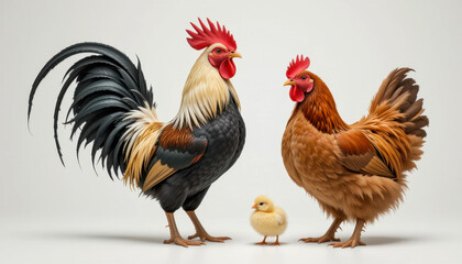 A vibrant image features a rooster, a hen, and a chick on a plain white background, showcasing the beauty of farm animals.