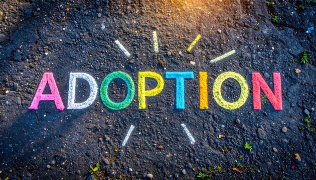 Colorful chalk art spelling out adoption on dark ground