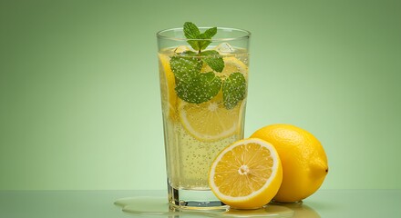 A striking visual of a healthy and delicious drink, with its bright yellow lemons and green mint leaves, inviting a sense of refreshment and natural goodness.