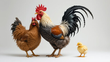 This image features a rooster, a hen, and a chick, set against a plain white backdrop, highlighting the farm animals.