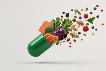 A green capsule with salmon, broccoli, spinach, cabbage, berries, and mushrooms floating out of it