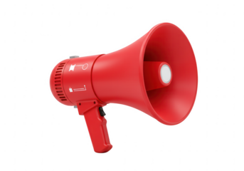 A bright red portable megaphone with a textured handle isolated on transparent background