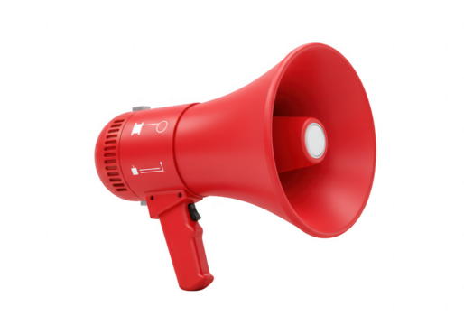 A bright red portable megaphone with a textured handle isolated on transparent background