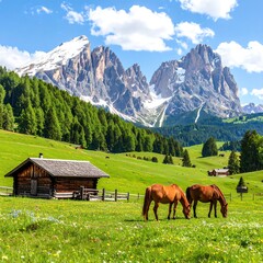 Alpine meadow with horses and mountains