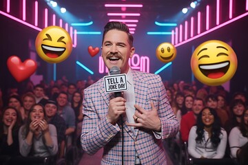 Energetic host with microphone celebrates 'Tell a Joke Day' with laughing audience and emoji overlays, bringing joy and laughter to the stage
