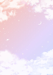 雲が美しい夕焼け空にうかぶ月と土星の背景ベクターイラスト  A4サイズ縦