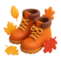 3D illustration of fall boots with leaves with transparent background