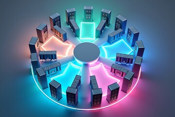 Server data center network with neon lights and circular arrangement