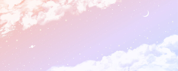 雲が美しい夕焼け空にうかぶ月と土星の横長ベクターバナー、ヘッダーデザイン