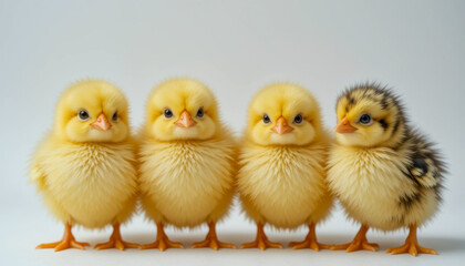 Adorable close-up of four fluffy baby chicks against a plain white background. The image captures the cuteness of the chicks.