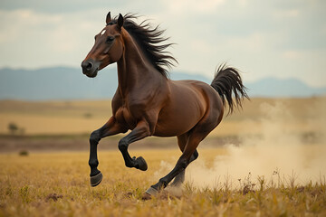 Fototapeta premium Horse Galloping Across a Field with Dust Kicking Up