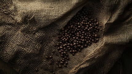a detailed top-down perspective showcasing raw coffee beans meticulously arranged on a weathered burlap cloth, the intricate weave patterns adding depth, while moody lighting and a muted color