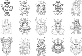 Set of viking pirate fantasy historical characters outline drawing collection