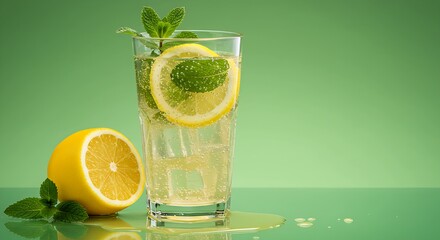 The photograph showcases a perfectly prepared lemonade, emphasizing its clear, effervescent quality and the vibrant colors of the natural fruit and herb garnishes.