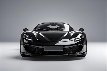 Front view of a black sports car toy, detailed and glossy, placed on an empty white background, studio lighting, high resolution