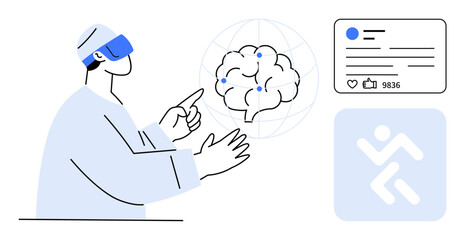 Person wearing AR glasses pointing at a digital brain surrounded by networks, digital card with engagement metrics, and abstract emblem. Ideal for technology, AI, innovation, healthcare