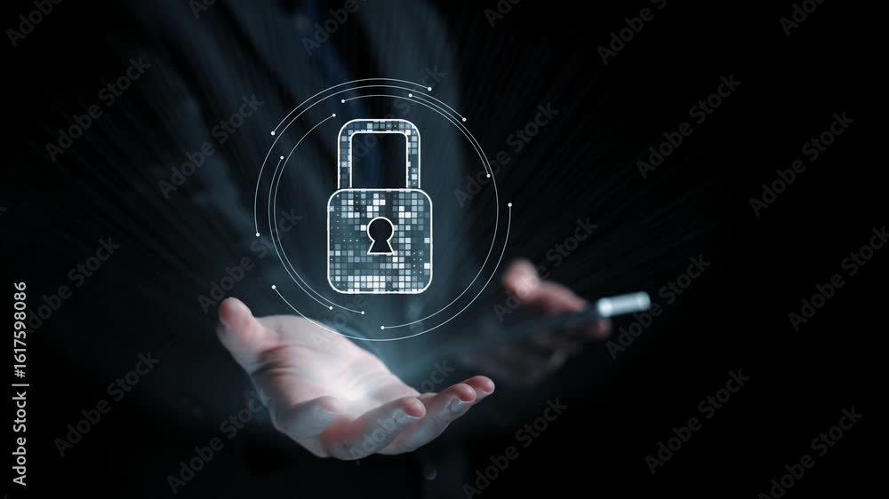 Poster a futuristic representation of data security with a hand holding a digital lock. this concept illust