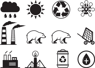 Silhouette Icons of Global Warming & Pollution on White Background