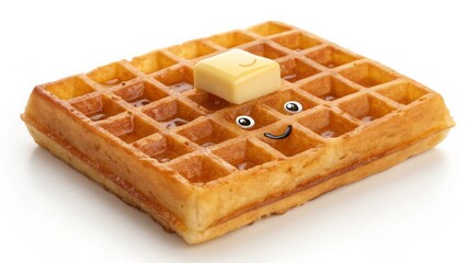 A waffle with butter and a cartoon face on a white background in a studio shot for breakfast food
