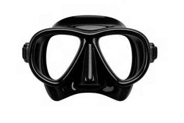 Shiny black diving mask resting on a transparent background, ideal for underwater exploration and thrilling ocean adventures