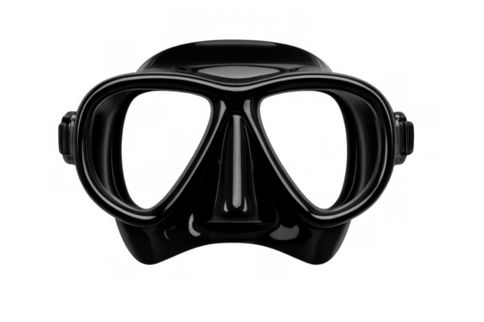Shiny black diving mask resting on a transparent background, ideal for underwater exploration and thrilling ocean adventures