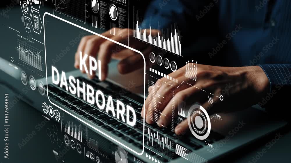 Poster business professional engaged with kpi dashboard and data analytics in modern office environment. as