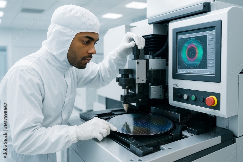 Poster technician operating semiconductor inspection equipment in cleanroom environment with advanced monit