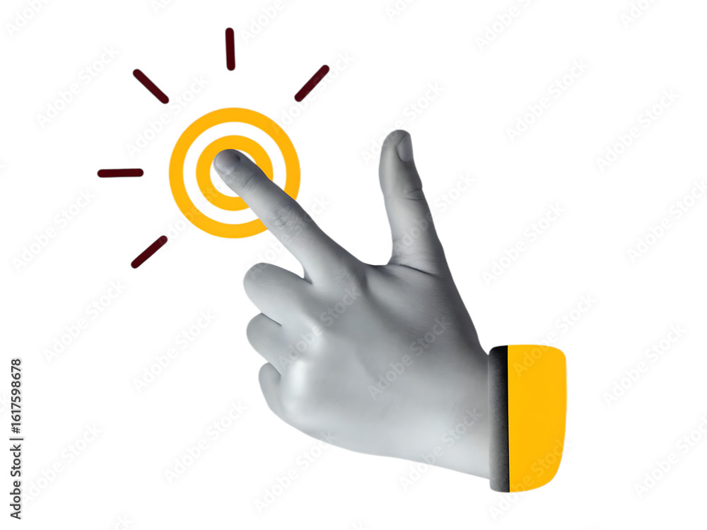 Poster a hand with a yellow cuff touching a yellow target with red rays on a black background illustration 