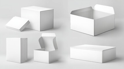 Realistic 3d mockup of open and closed white rectangular boxes and square packaging containers isolated on transparent background