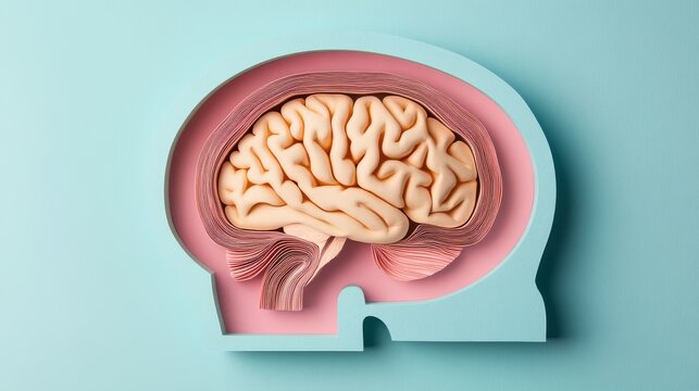 a minimalist brain anatomy display featuring a deep azure profile cutout, layered with a delicate butter-cream yellow brain illustration, accented by a textured salmon-hued cerebellum, crafted in a