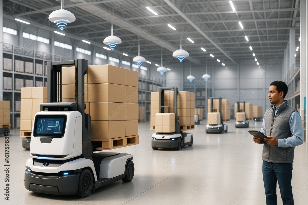Poster futuristic warehouse with autonomous forklifts transporting packages under smart sensors while techn